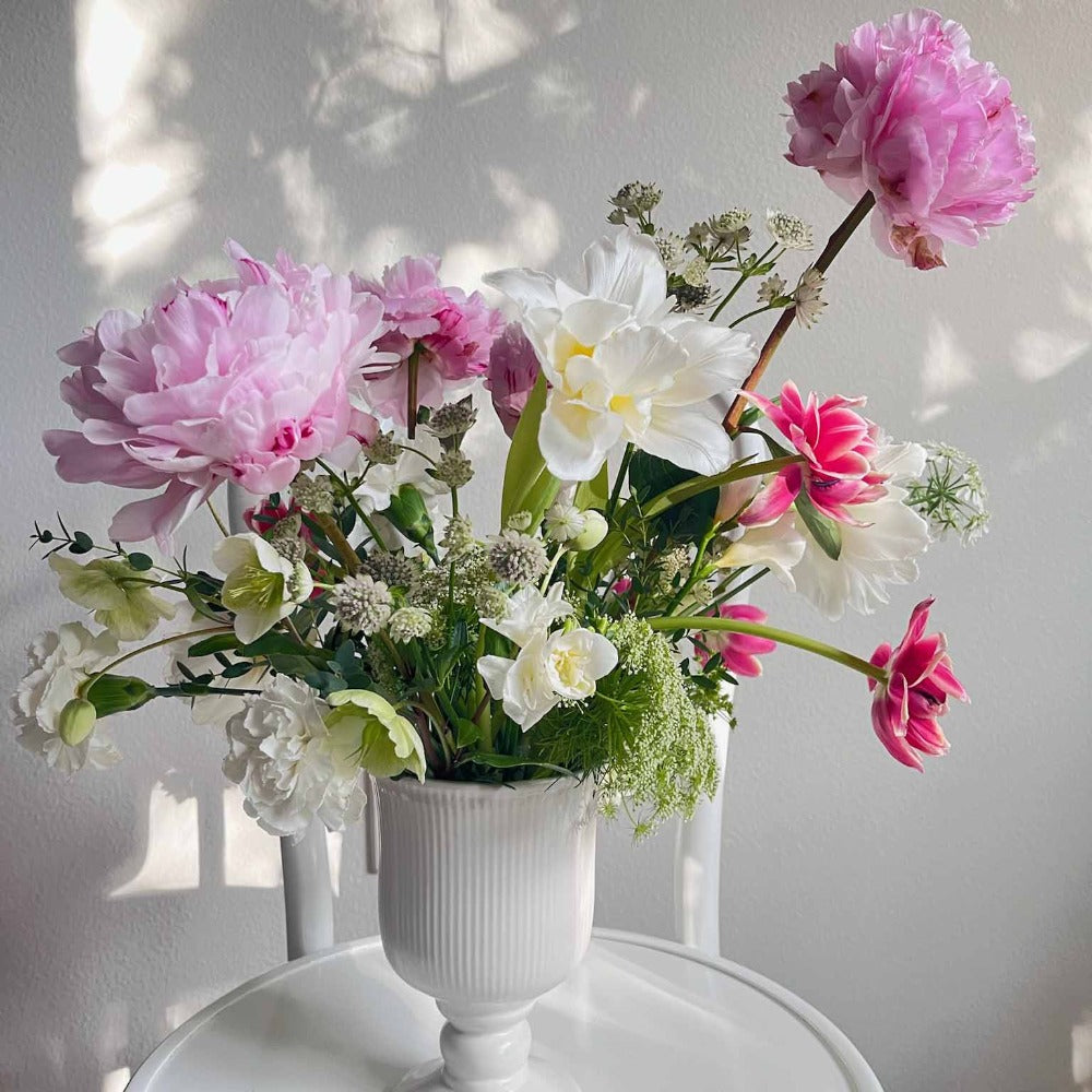 Pink White Bouquet with Large Variety Peonies Double Tulips Queen Annes Lace - Fine Art Florist