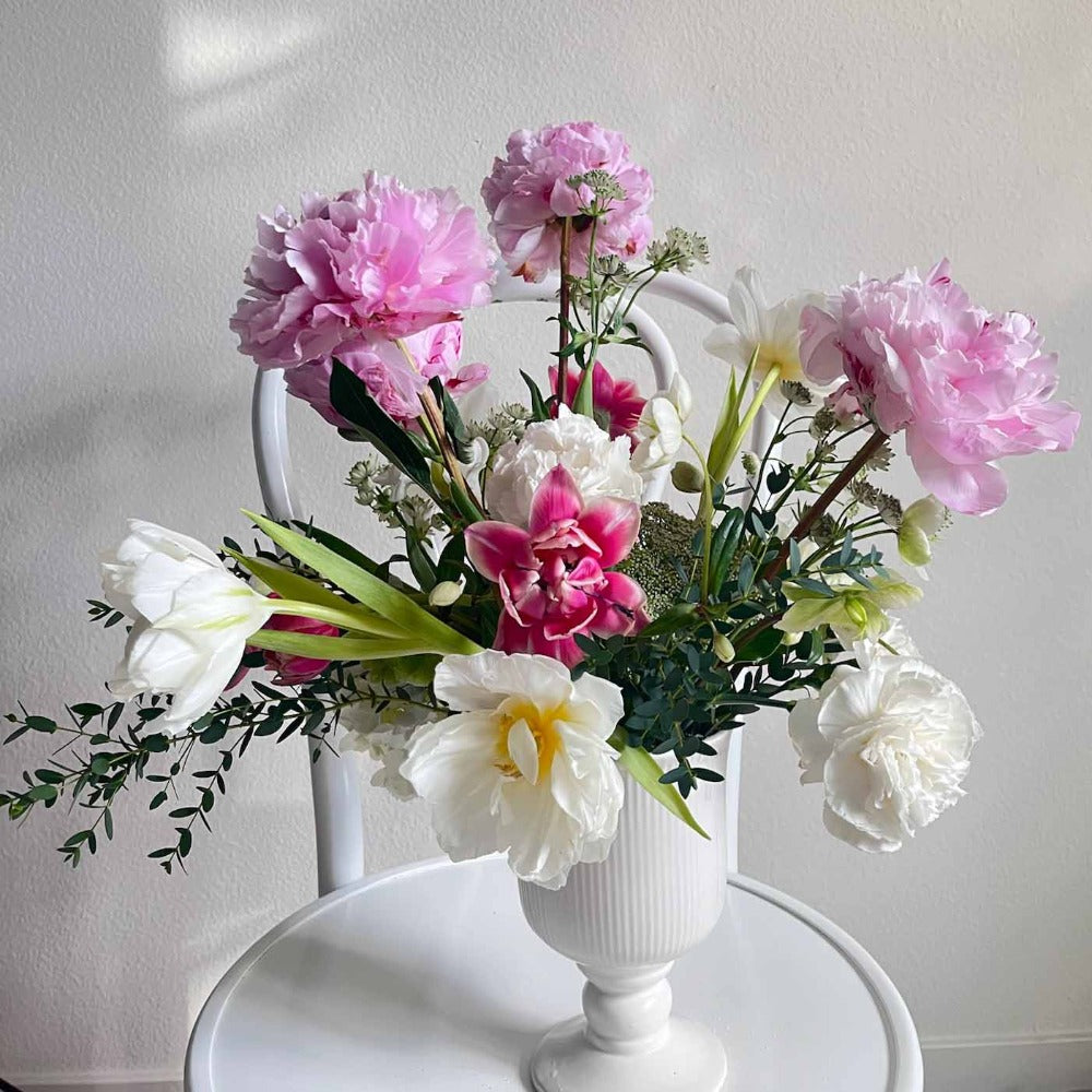 Pink White Bouquet with Large Variety Peonies Double Tulips Queen Annes Lace - Fine Art Florist