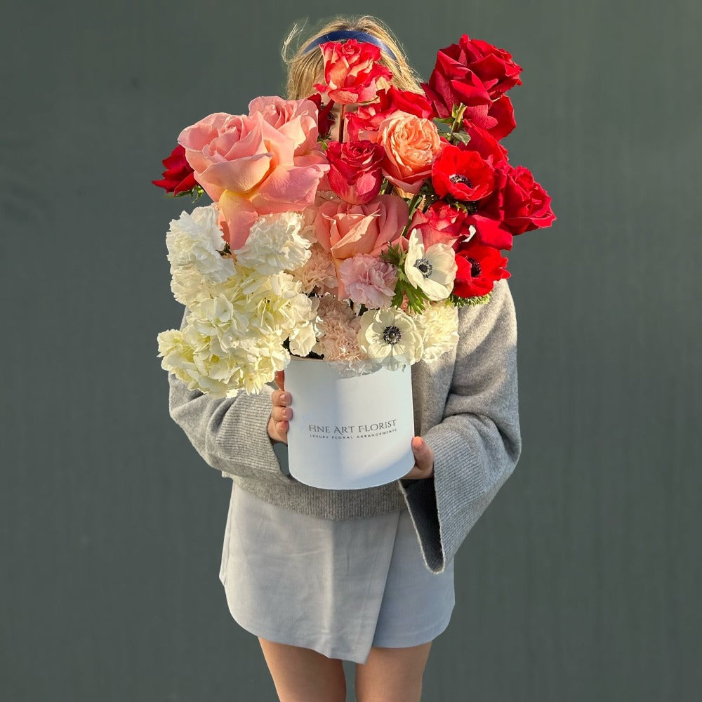 White Orange Red Bouquet with Premium Roses Garden Roses Anemones Hydrangeas Carnations - Fine Art Florist