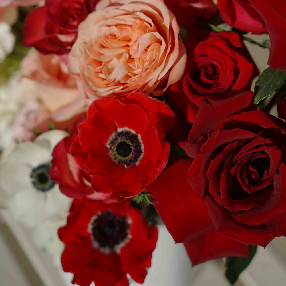 White Orange Red Bouquet with Premium Roses Garden Roses Anemones Hydrangeas Carnations - Fine Art Florist