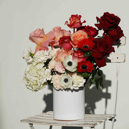 White Orange Red Bouquet with Premium Roses Garden Roses Anemones Hydrangeas Carnations - Fine Art Florist