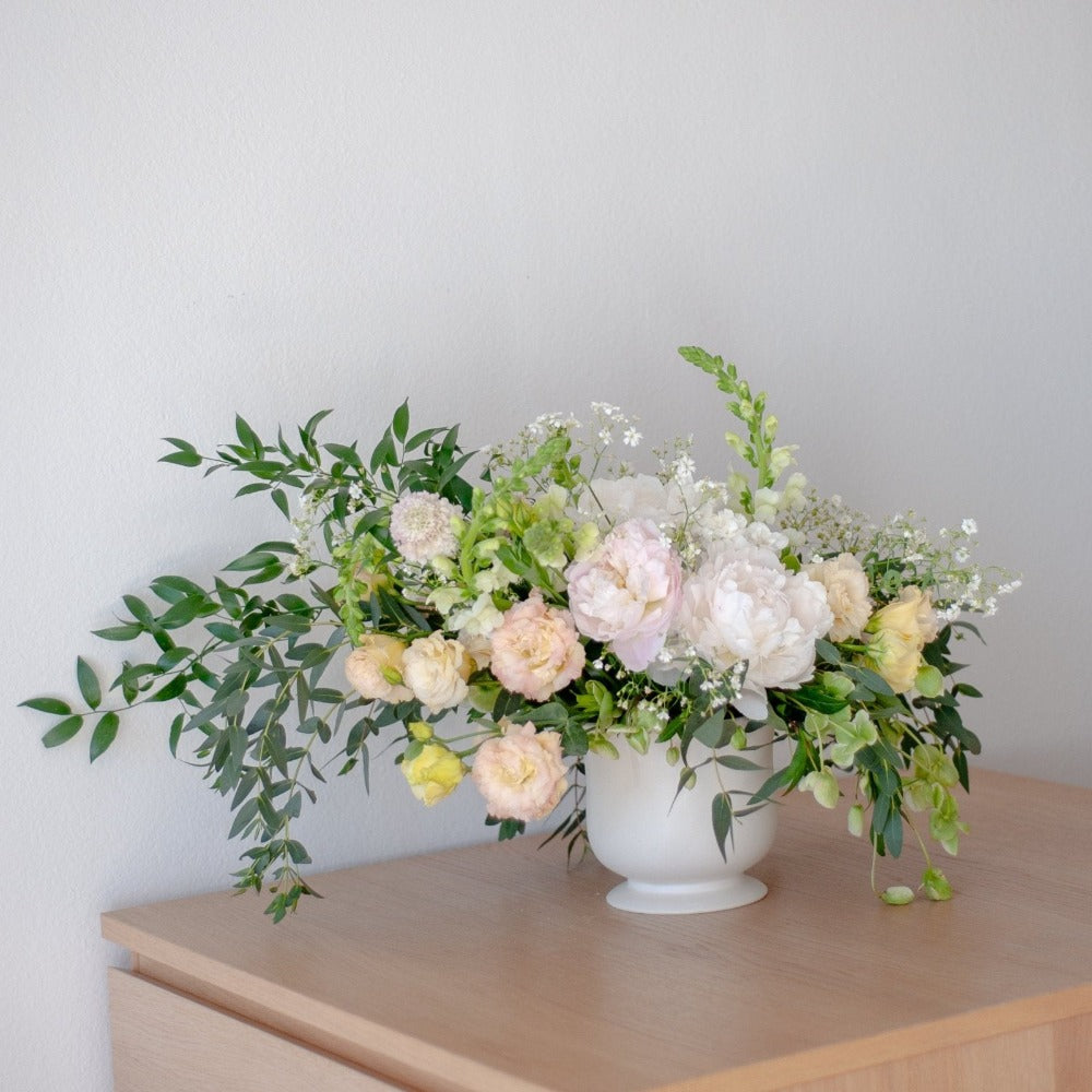 White Peachy Arrangement with Peonies Lisianthus Scabiosas Snapdragons Queen Anne's Lace - Fine Art Florist