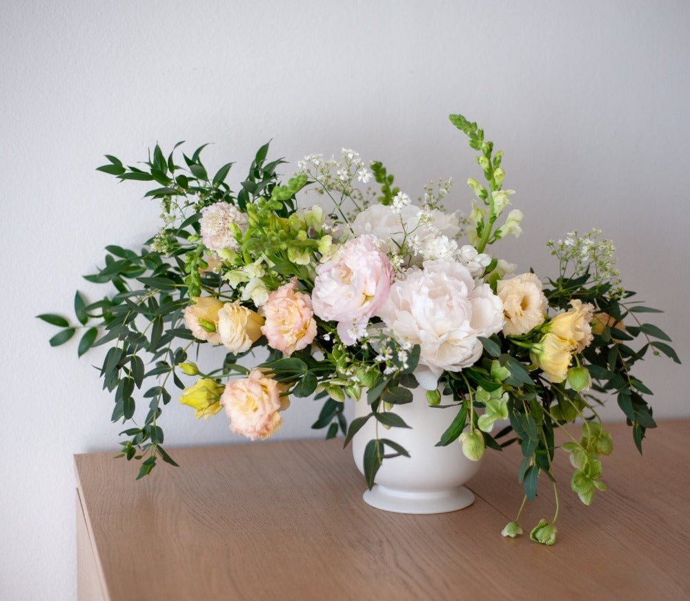 White Peachy Arrangement with Peonies Lisianthus Scabiosas Snapdragons Queen Anne's Lace - Fine Art Florist