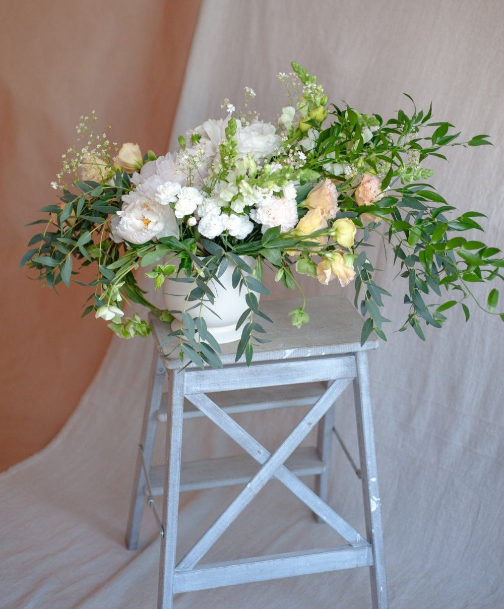 White Peachy Arrangement with Peonies Lisianthus Scabiosas Snapdragons Queen Anne's Lace - Fine Art Florist