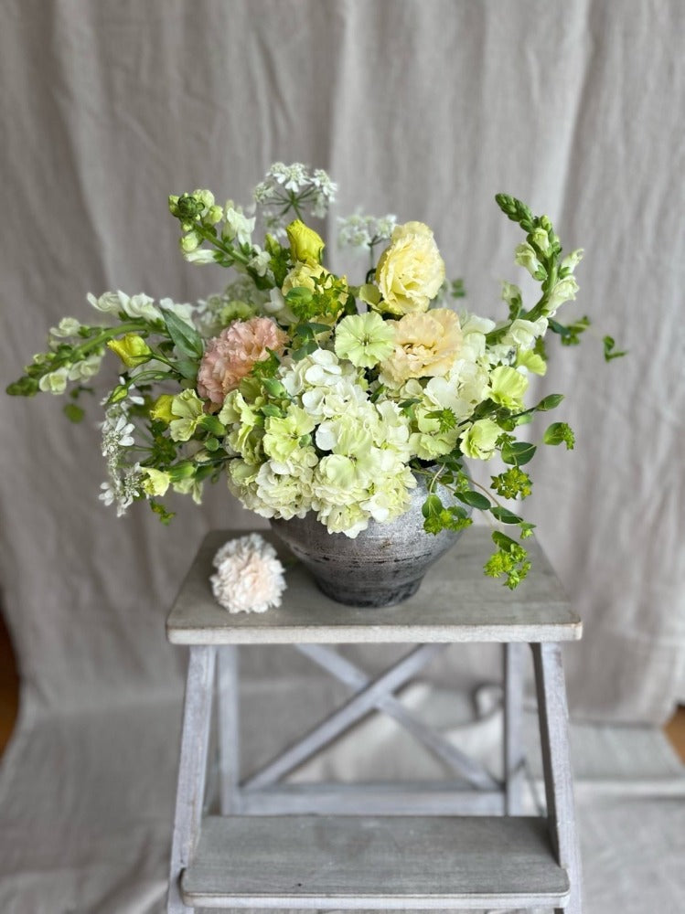 White Light Yellow Bouquet with Hydrangeas Scabiosas Queen Ann's Lace Carnations - Fine Art Florist