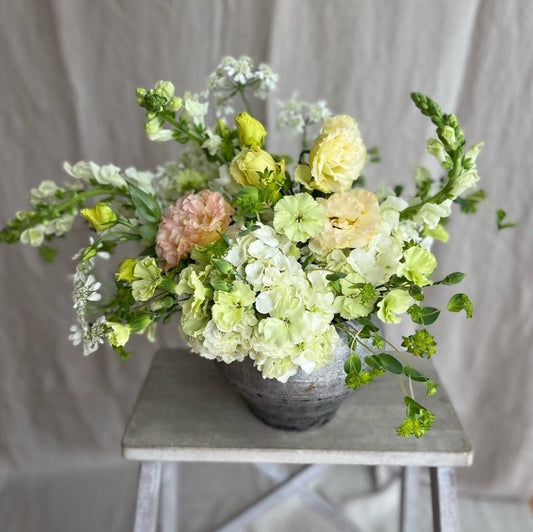 White Light Yellow Bouquet with Hydrangeas Scabiosas Queen Ann's Lace Carnations - Fine Art Florist