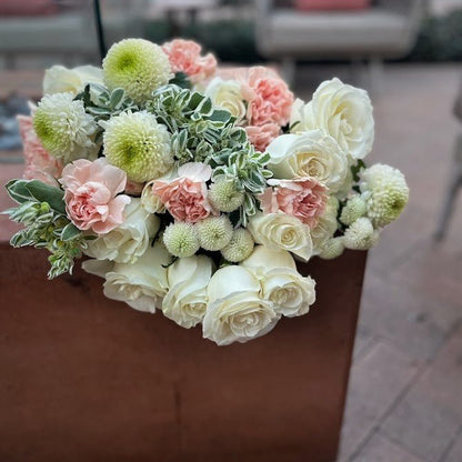 White Pink Bouquet with One Dozen Premium Roses Mums Carnations - Fine Art Florist