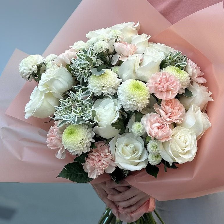 White Pink Bouquet with One Dozen Premium Roses Mums Carnations - Fine Art Florist
